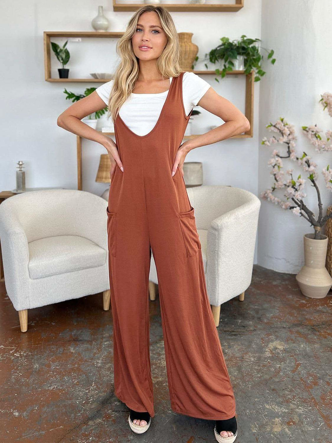Double Take Full Size Sleeveless Wide Leg Jumpsuit with Pockets - SwagglyLife Home & Fashion
